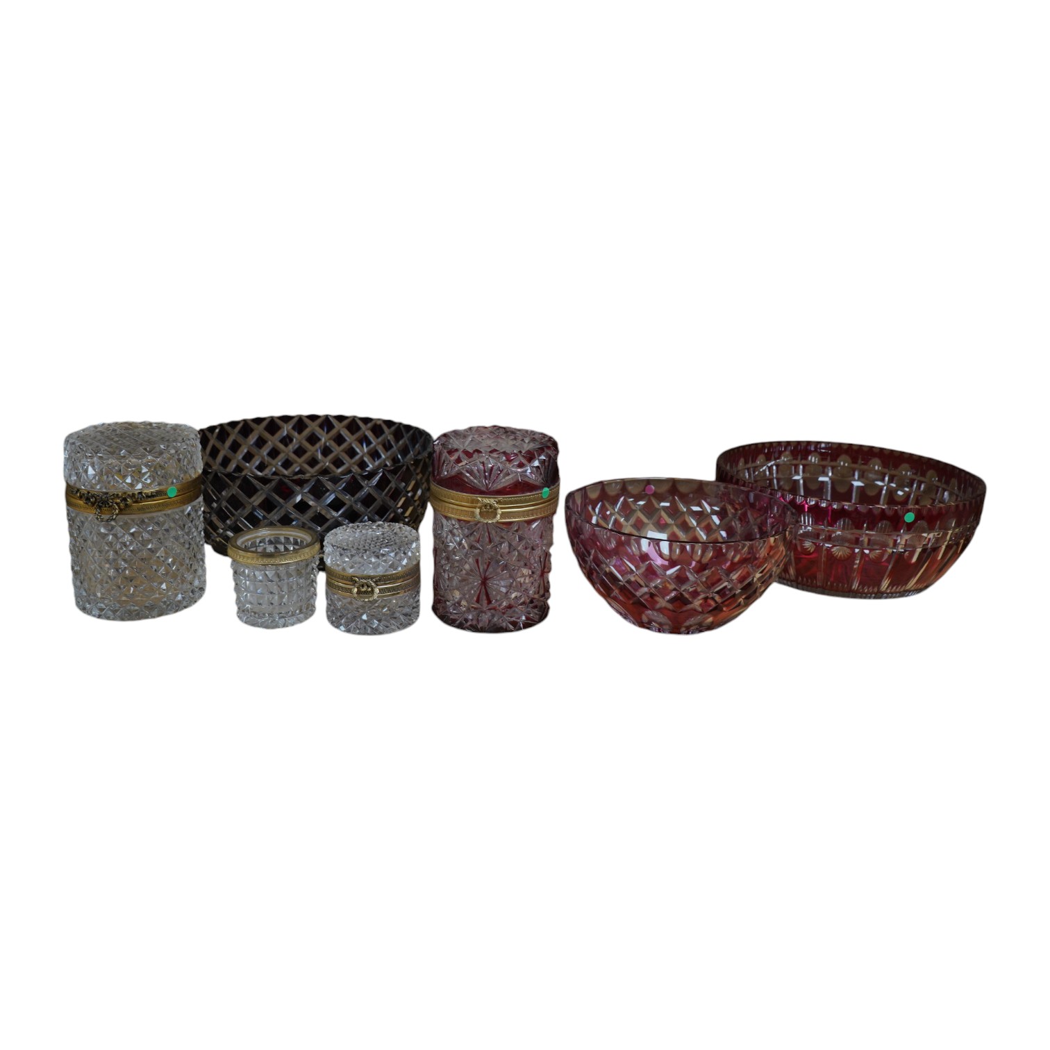 Three Bohemian ruby overlaid glass bowls and two jars, largest bowl 23cm diameter. Condition - some very minor nicks and light surface scratches, otherwise good